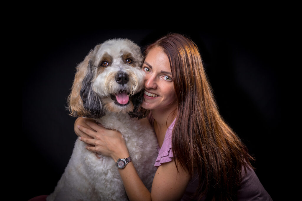 Dolly with her human posing for a portrait.